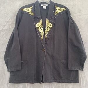 Vtg Western Jean Blazer 2X Rodeo Cowgirl JenJen Black Gold Embroider Rhinestone